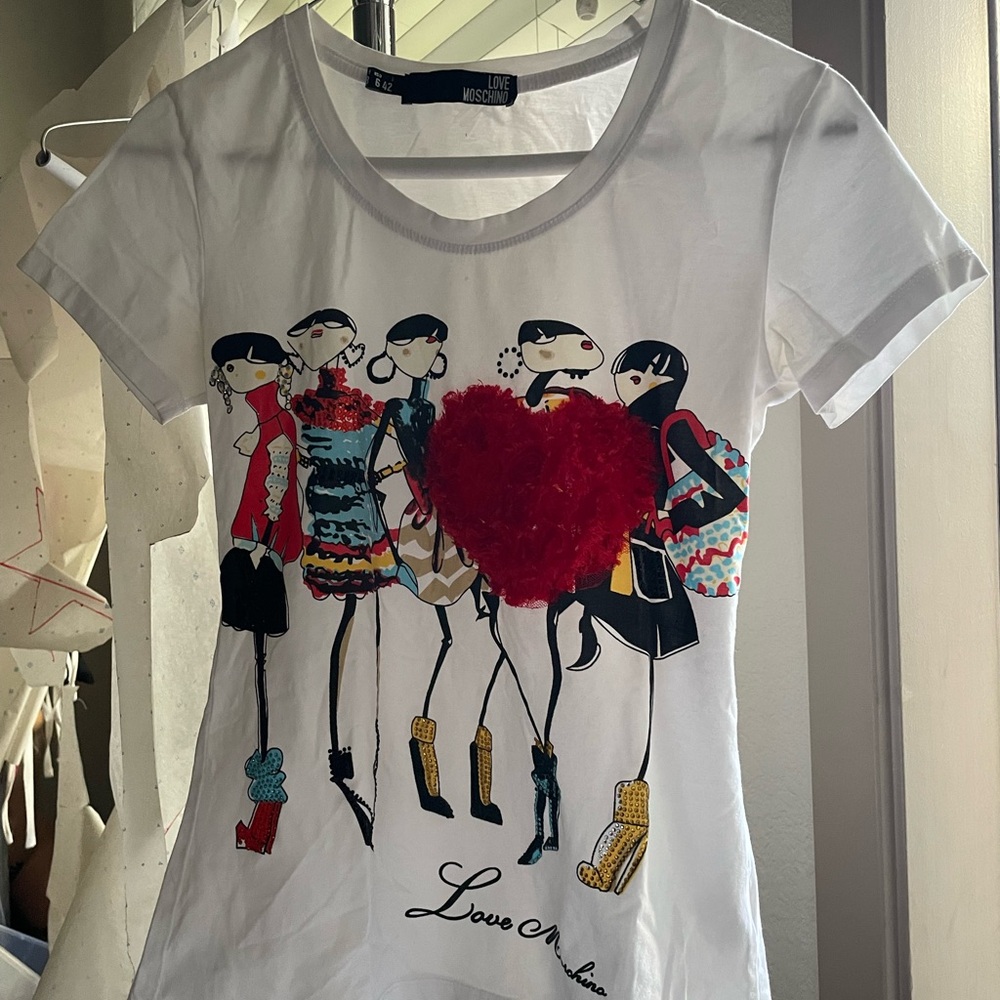 Love Moschino White T-Shirt Fashion Illustration and Red Heart
